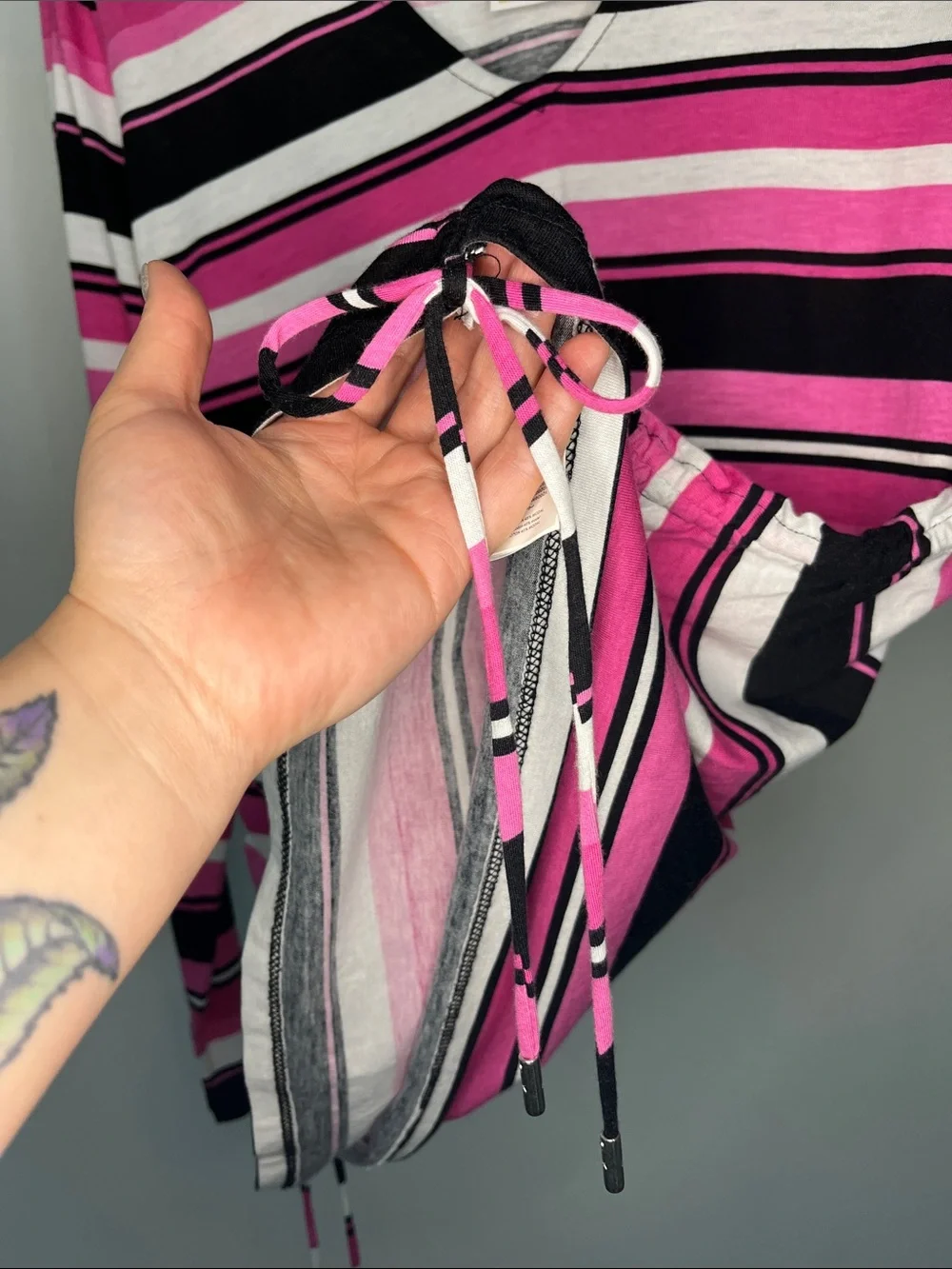 Michael Kors Pink, Black & White Striped V-Neck Long Sleeve Top